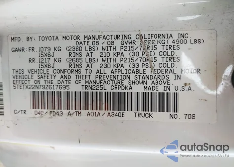 2009 Toyota Tacoma z USA, uszkodzony, nr VIN 5TETX22N79Z617695